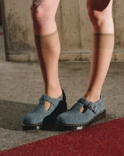Zapato T Bar de piel Napped in Washed Denim